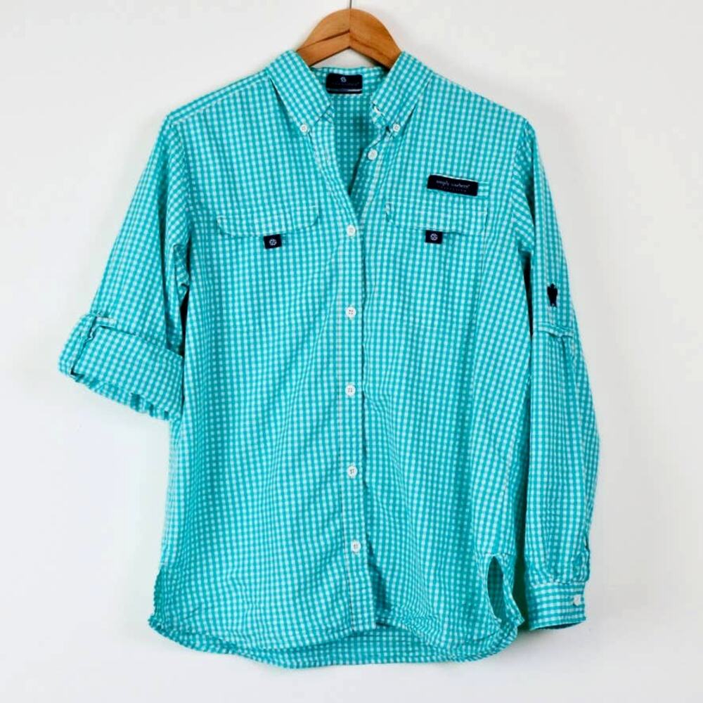 Simply Southern Size M Long Sleeve Button Up Shirt Gingham Check Teal - Picture 2 of 11
